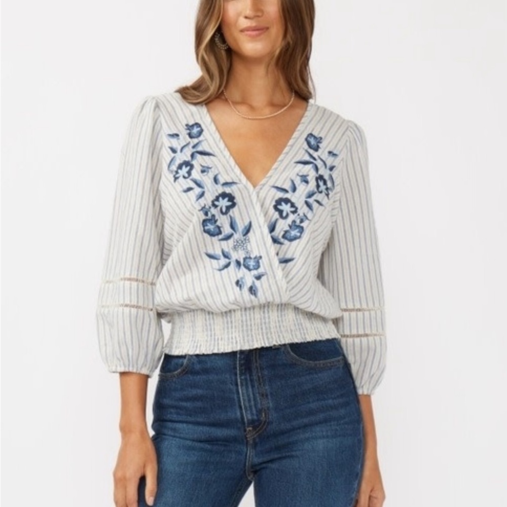 Lovestitch Brisa Floral Striped Blouse – Embroidered Surplice Boho Top NWT